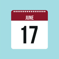 17 June calendar vector icon. Red and black June date for the days of the month and the week on a light background