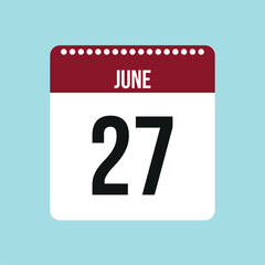 27 June calendar vector icon. Red and black June date for the days of the month and the week on a light background