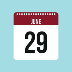 29 June calendar vector icon. Red and black June date for the days of the month and the week on a light background