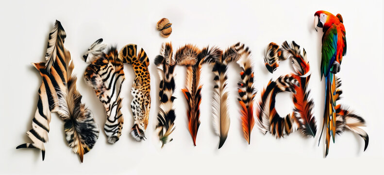 Text animal made  from 3 d letters shaped leopard, zebra, parrot  texture on white background. Zoo, wildlife, Africa vibe. Animal print.