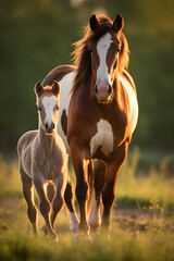 Picturesque Sunset View: Playtime of an Adorable Foal and its Affectionate Mother in an Enchanting Meadow