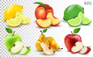 Vector big set of ripe fresh fruits. Citrus, apples and pears, whole and pieces. 3D realistic food illustrations for advertising and packaging design