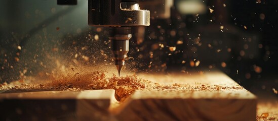 CNC milling machines process wooden boards, creating sawdust that scatters in slow motion. - obrazy, fototapety, plakaty