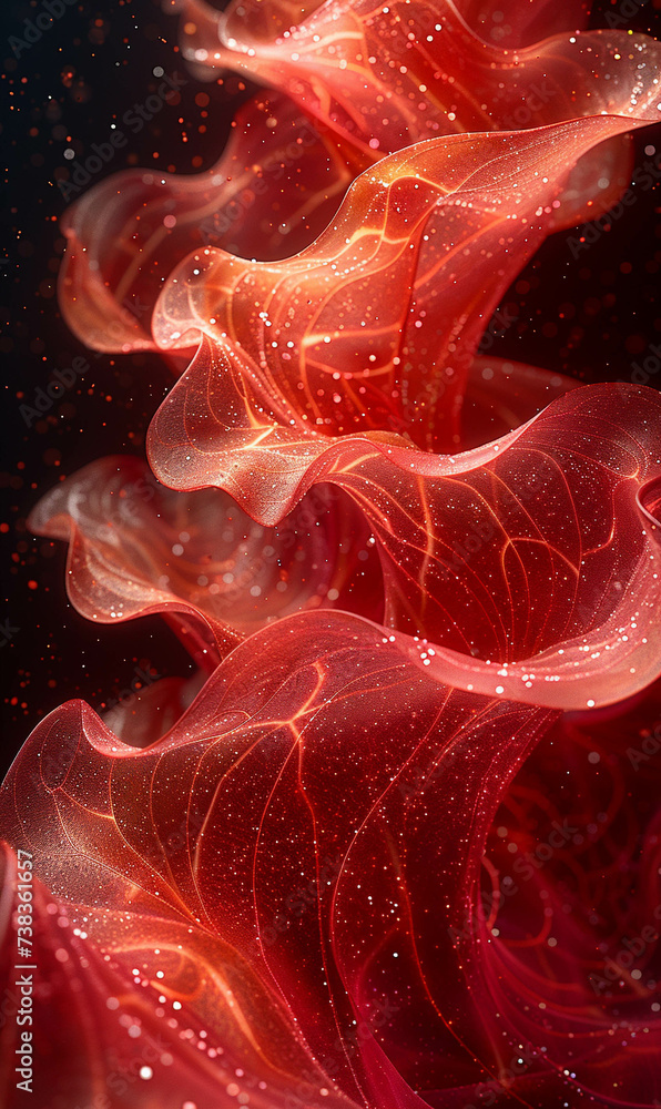 Poster abstract red waves with glowing particles, creating a dynamic and vibrant flow of energy and light