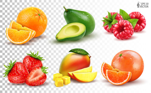 Vector big set of fresh tropical fruits. Orange, strawberries, mango, whole and pieces. 3D realistic food illustrations for advertising and packaging design