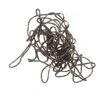 Tangle Mess Complicated Climbing Rope roll fly in air. Strong safety climbing rope for sport mountain hobby, need safety gear to lock hold weight of climber rope. White background isolated