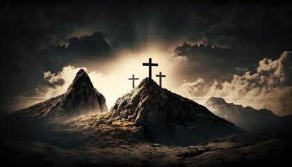 Silhouette of crosses on beautiful spring sunset. Easter theme. - obrazy, fototapety, plakaty