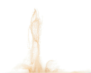 Small Fine size Sand flying explosion, Golden grain wave explode. Abstract cloud fly. Yellow colored sand splash throwing in Air. White background Isolated high speed shutter, throwing freeze stop