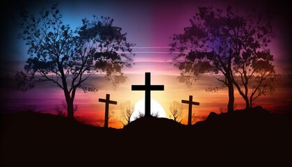 Silhouette of crosses on beautiful spring sunset. Easter theme.