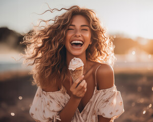 ai generated happy beautiful woman with curly hair eating ice-cream