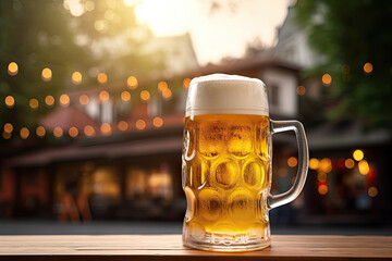 beer mug on wooden table outdoors with blurry background of a restaurant