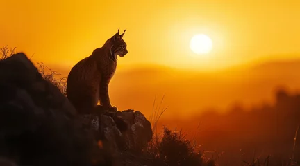 Fotobehang a female Iberian lynx sitting on top of a hill, silhouette against a setting sun with a warm orange glow, she is sitting sideways looking down the valley for prey © Enrique