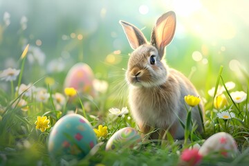 Fototapeta na wymiar Easter Bunny Amidst Colorful Eggs and Spring Flowers in Sunlit Field