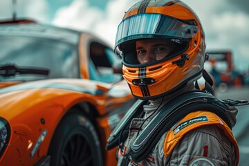 A racer in a racing suit and helmet posing next to a race car