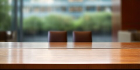Empty table in corporate boardroom for product display.