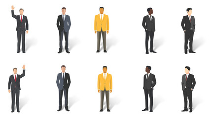 Set of minimal flat drawing illustrations of different men in smart business clothes, transparent background with shadow, facing both ways. Generative AI	