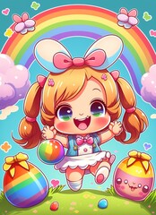 Obraz na płótnie Canvas Kawaii cute easter bunny girl with painted easter eggs and rainbow colors
