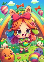 Kawaii cute easter bunny girl with painted easter eggs and rainbow colors