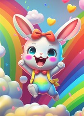 Obraz na płótnie Canvas Kawaii cute easter bunny girl with painted easter eggs and rainbow colors