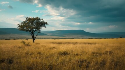 Fototapeta na wymiar Lone tree standing in a golden savanna landscape. serene nature scene. ideal for backgrounds and wallpapers. AI