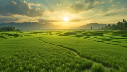 A vast expanse of lush green rice paddies stretching into the horizon, reflecting the golden rays of the sun at dawn, 4k resolution, highly detailed. generative AI