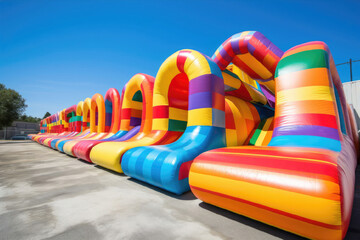 Fototapeta na wymiar Colorful inflatable slides on a sunny summer day