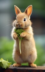 Obraz premium Cute little rabbit with carrot on green background,close up. Easter concept