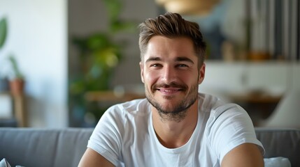 Smiling young man in a casual white t-shirt, feeling happy and comfortable at home. a lifestyle portrait with natural light. relaxed and friendly male expression. AI