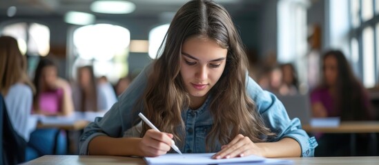 High school or college students focus on writing their final exams in the classroom.