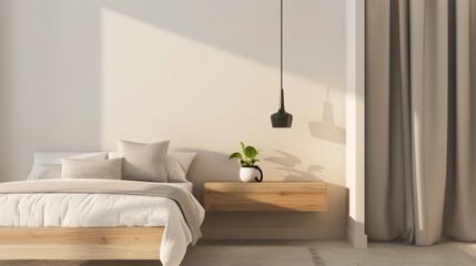 Minimalist Bedroom with Floating Nightstand and Wall-Mounted Lamp