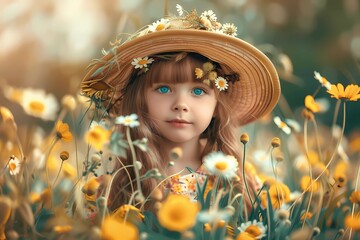 Young Girl in a Flower Field Wearing a Straw Hat Adorned with Daisies