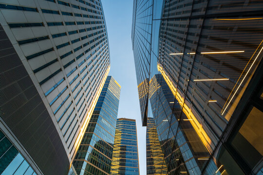 Skyscrapers in Warsaw. Office buildings in the business part of the city. Glass and steel structures. Center of Warsaw