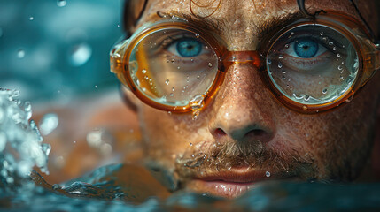 Macro format illustration of a beautiful young blue-eyed man in the water