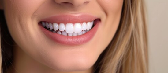 Obraz premium Smiling woman's teeth transformation after whitening. Dental health and oral care concept.