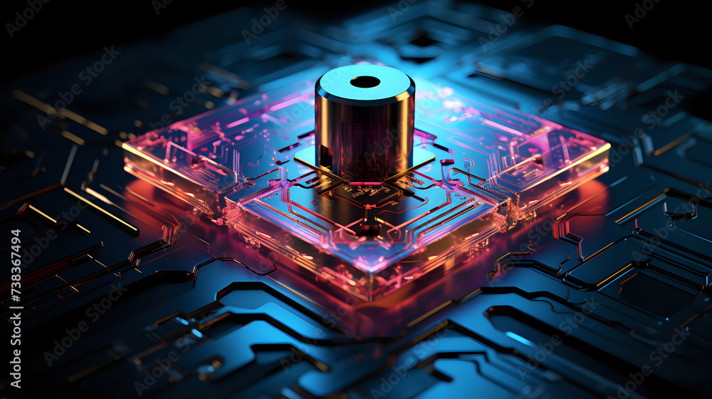 Poster high-tech quantum processor circuitry. vivid depiction of an advanced quantum processor with glowing