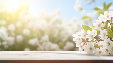 A branch of a flowering tree on a wooden shelf with a view of a flowering garden in the background. 