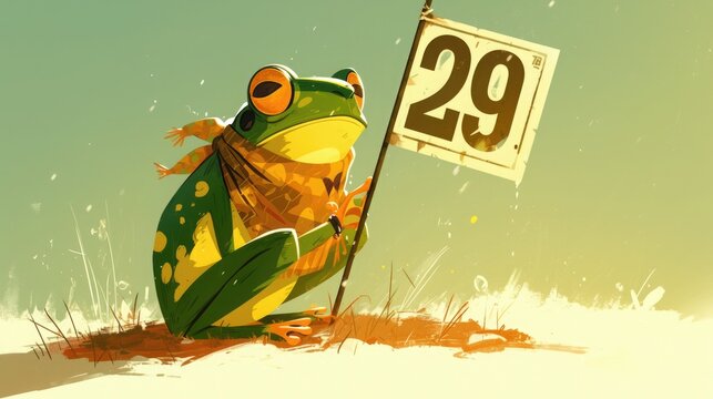 Stylish green frog with a large number "29" with its front limbs. Concept of 29 february leap year day.