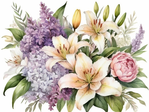 watercolor illustration of a bouquet of peonies, lilacs, lilies