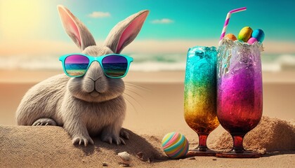 The Easter Bunny is sunbathing on the beach and drinking cocktails - obrazy, fototapety, plakaty