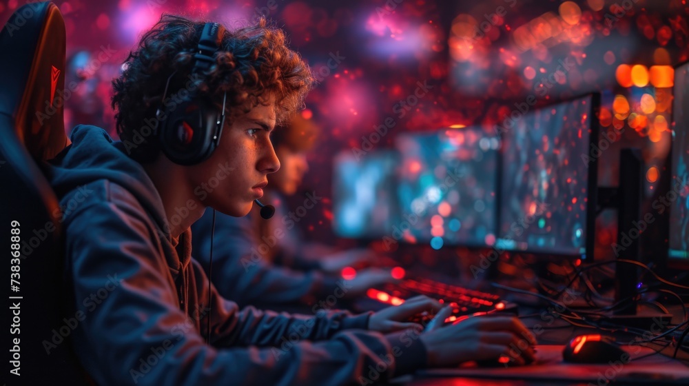 Poster man wearing headphones sitting in front of computer. generative ai.