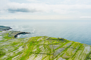 Aerial view of Inishmore or Inis Mor, the largest of the Aran Islands in Galway Bay, Ireland....