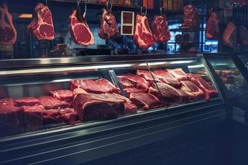 Fotobehang Fresh cuts of meat on display in a butcher shop. © Oleh