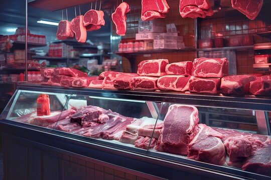 Meat products in a butcher's shop. Red meat in a supermarket.