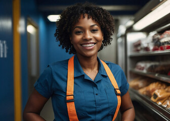 Mujer afroamericana trabajadora de supermercado con uniforme y aspecto amigable y confiable