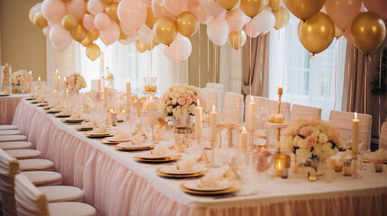 Zastawa stołowa na przyjęciu urodzinowym lub chrzcinach - dekoracja stołów na przyjęciu przez florystę i dekoratora. Piękne bukiety kwiatów na stoliku i balony - obrazy, fototapety, plakaty