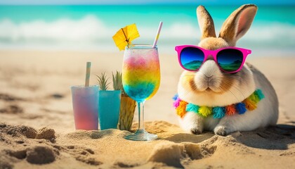 The Easter Bunny is sunbathing on the beach and drinking cocktails - obrazy, fototapety, plakaty