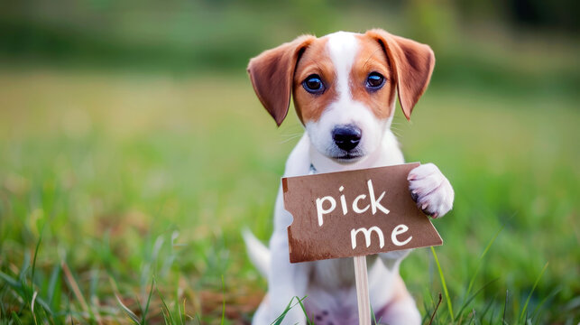 Cute homeless dog for adoption holding a pick me sign on grass background, adopting a dog concept