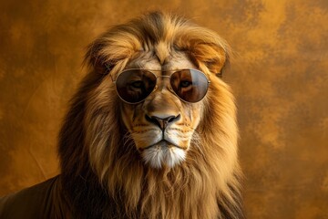 Regal Lion with a Lush Mane Wearing Reflective Sunglasses, Exuding Coolness Against a Textured Golden Backdrop