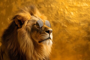 Regal Lion with a Lush Mane Wearing Reflective Sunglasses, Exuding Coolness Against a Textured...