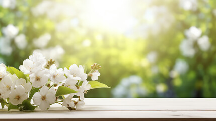 A branch of a flowering tree on a wooden shelf with a view of a flowering garden in the background.
